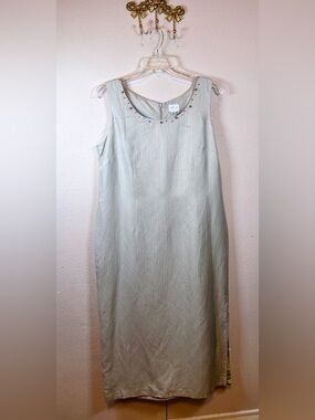 Emma James Light Sage Sleeveless Shift Dress with Embroidered & Beaded Neckline